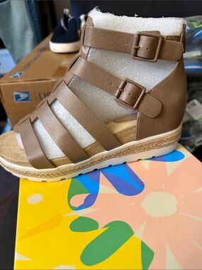 easy street Brown Multi-Strap Wedge Sandal with Buckles